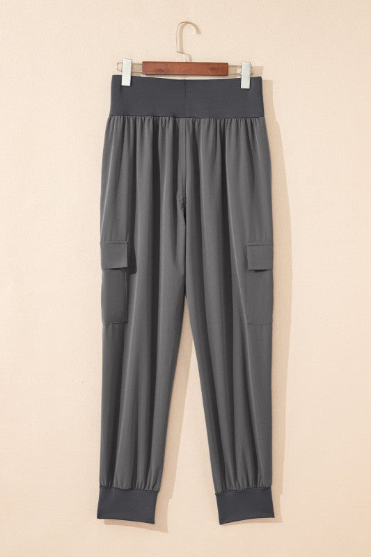 Solid Elastic High Waist Pocketed Cargo Jogger Pan