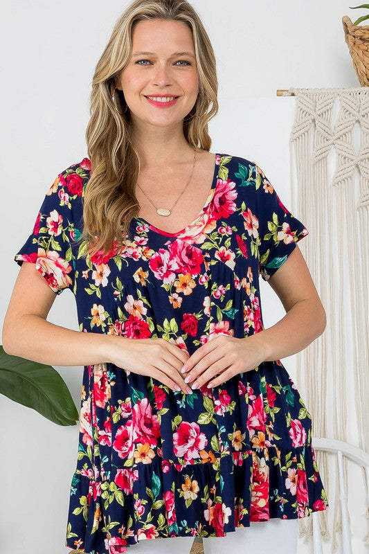 e Luna Allover Floral Print Babydoll Top