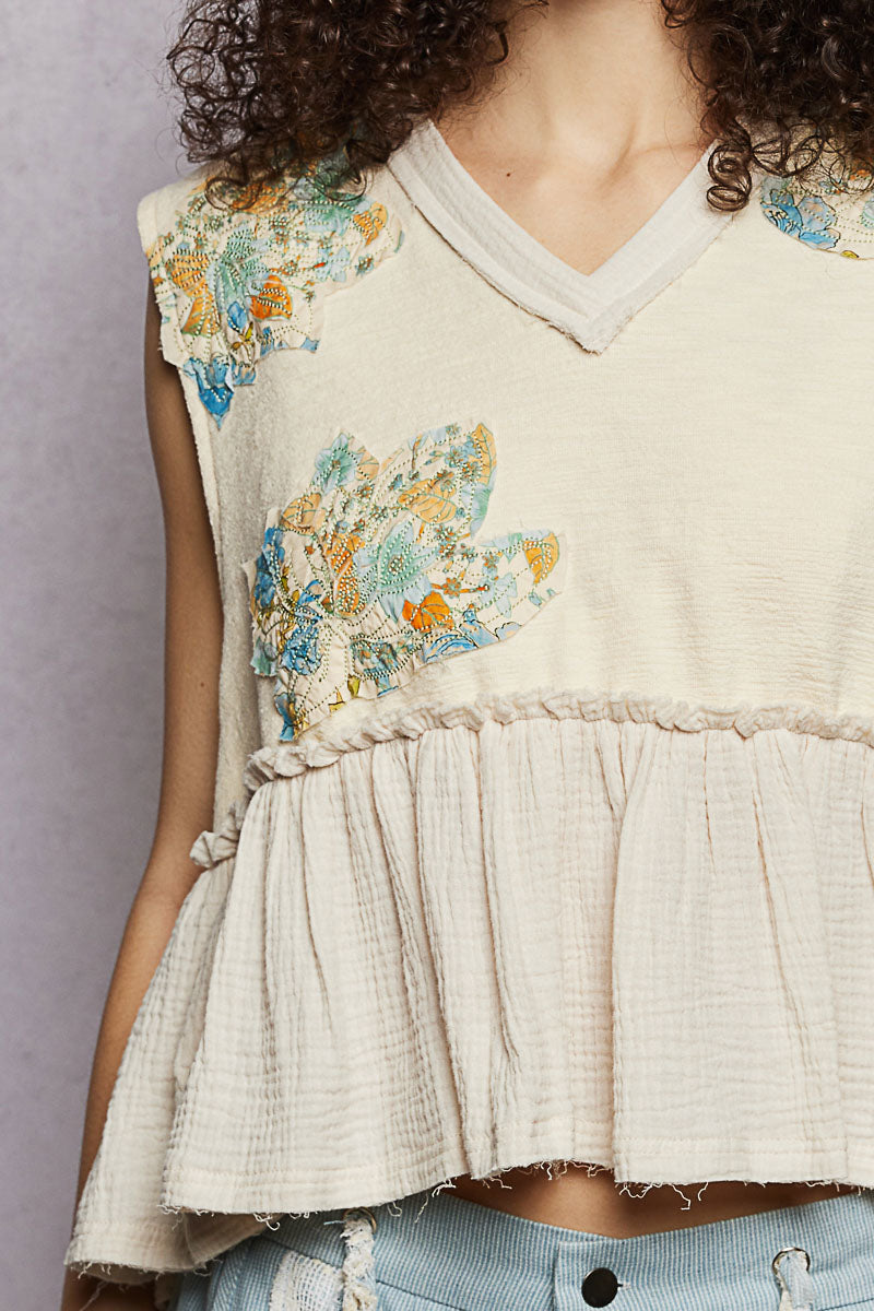 POL Floral Patch Ruffled Sleeveless Top with Raw Edge Detail