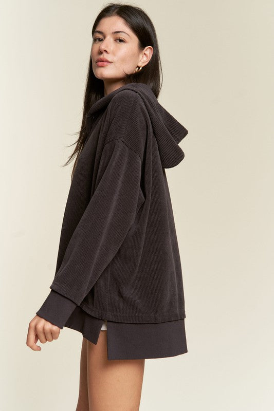 Jade By Jane Long Sleeve Button Down Ribbed Hooded Sweatshirt