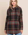 BOMBOM Drawstring Plaid Long Sleeve Hoodie