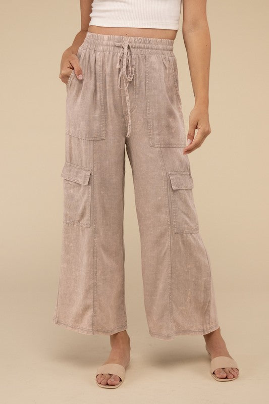 ZENANA Washed Linen Elastic Band Waist Cargo Pants