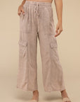 ZENANA Washed Linen Elastic Band Waist Cargo Pants