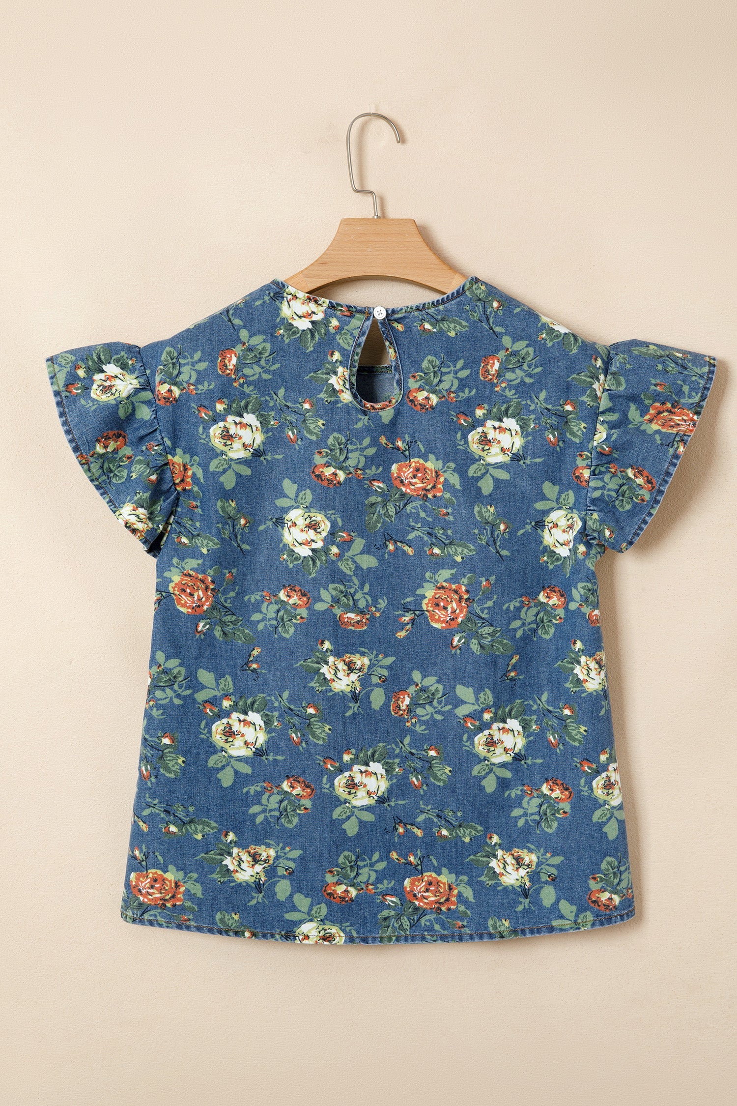 Floral Denim Ruffle Short Sleeve Top