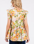 Mittoshop Floral V-Neck Ruffled Cap Sleeve Blouse