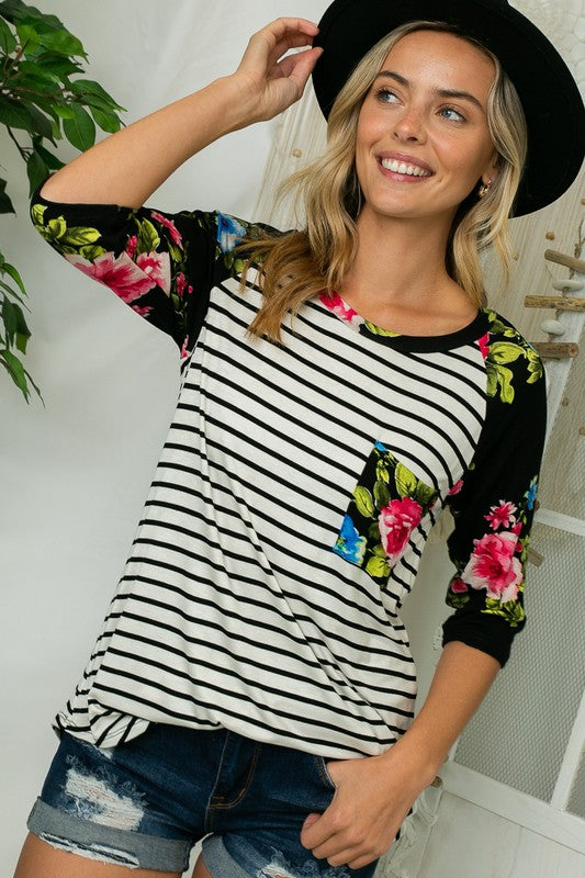 e Luna PLUS Striped Floral Print Top