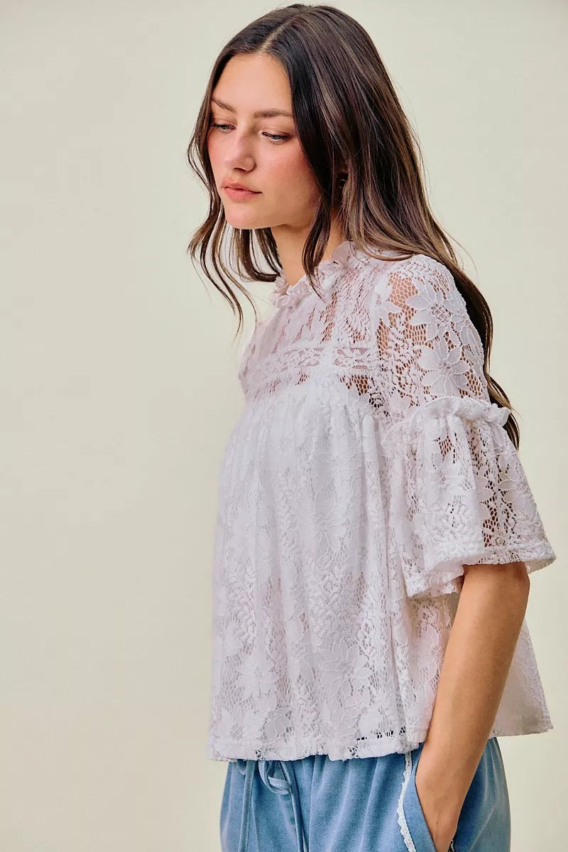 SO ME Lace Ruffled Short Sleeves Swing Top