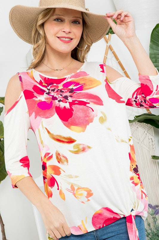 e Luna PLUS Floral Print Cold Shoulder Top