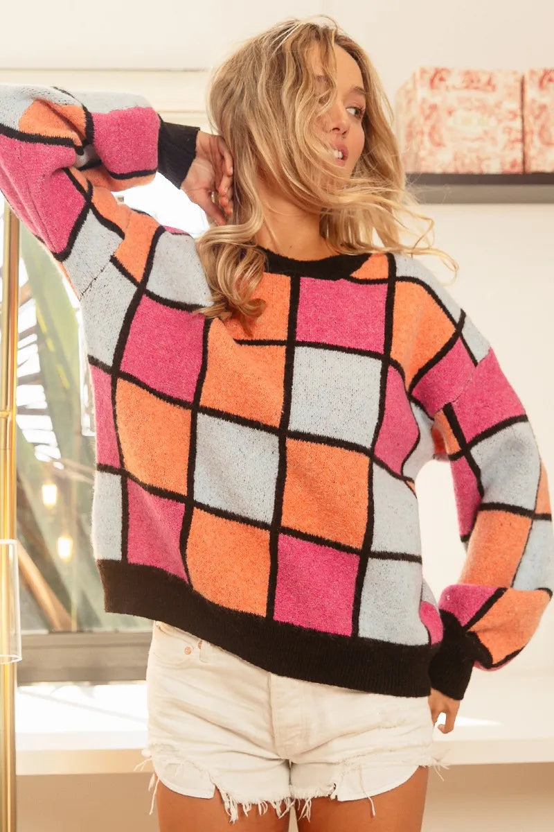 BiBi Multi Color Checker Pattern Sweater