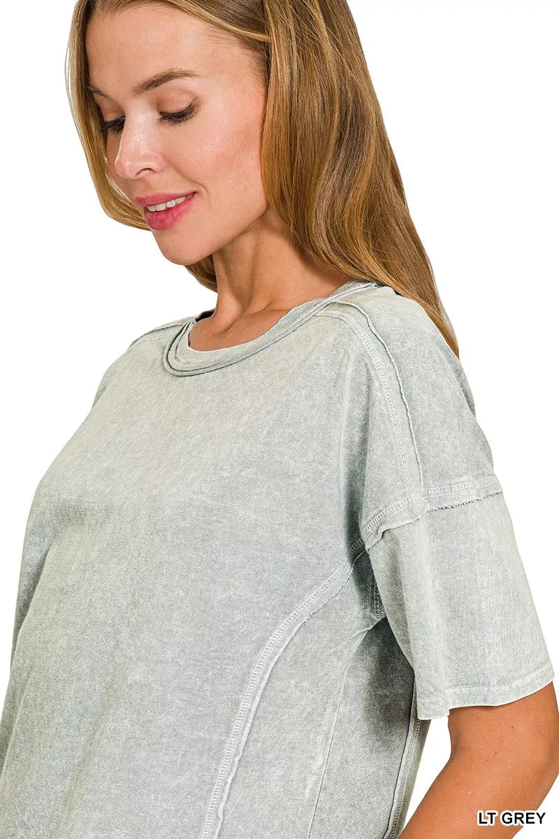 Zenana Halo Snow Washed Short Sleeve Tee and Shorts Set in Grey