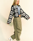 Davi & Dani Full Size Two Tone Flower Square Crochet Open Front Cardigan