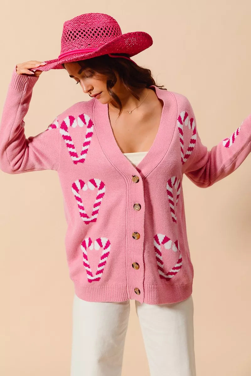 SO ME Christmas Candy Cane Button Front Sweater Cardigan