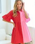 First Love Full Size Color Blocked Button Down Babydoll Dress