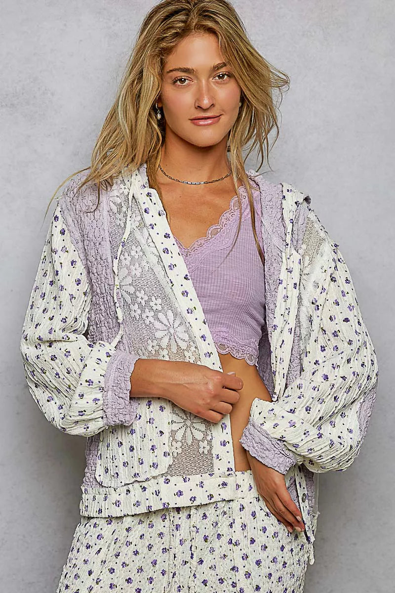 POL Floral Balloon Sleeve Hooded Lace Jacket with Stitch Detail