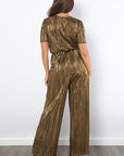 Be Stage Surplice Short Sleeve Pleated Foil Jumpsuit