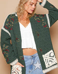 POL Embroidered Open Front Quilted Jacket with Crochet Pockets