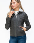 YMI Removable Faux Layered Multi-Pocket Jacket with Fuzzy Hood