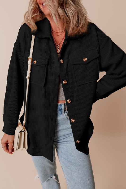 Solid Corduroy Button-Up Pocketed Shacket