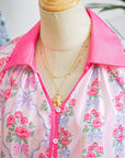 Floral Collared V-Neck Ruffle 3/4 Sleeve Shirt