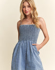 ADORA Smocked Spaghetti Strap Denim Romper