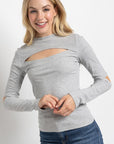 Ribbed Fitted Long Sleeve Top with Chest Cutout