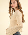 VERY J V-Neck Lace Detail Button Down Crop Ribbed Knit Top