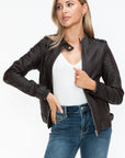 Snobbish PU Leather Biker Jacket with Side Zip Pockets