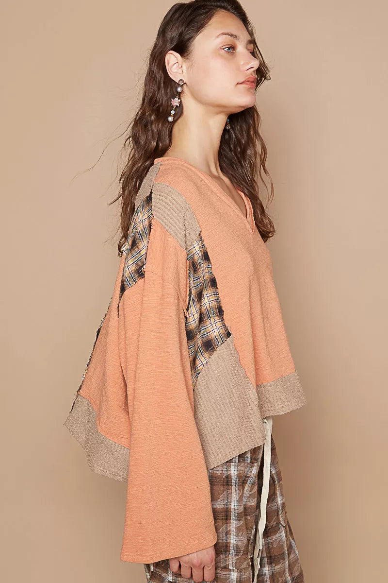 POL V-Neck Long Sleeve Plaid Contrast Top with Texture Knit Detail