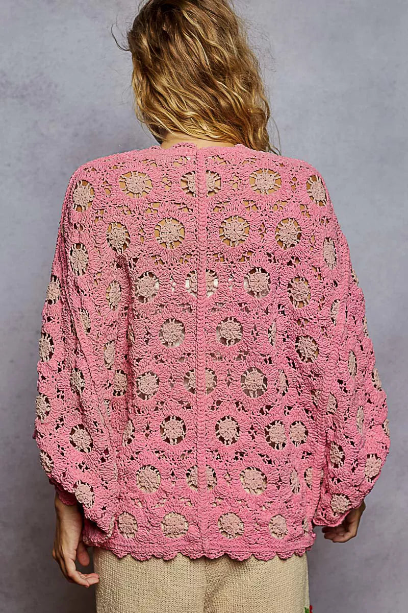 POL Openwork V-Neck Chenille Cardigan with Contrast Floral