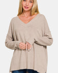 Zenana V-Neck Side Slit High-Low Sweater