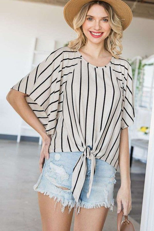 Jade By Jane PLUS Striped Print Tie Hem Sleeve Top