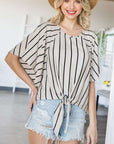 Jade By Jane PLUS Striped Print Tie Hem Sleeve Top