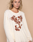 POL Embroidered Round Neck Long Sleeve Knit Top