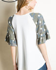 e Luna PLUS Solid Camo Mix Ruffled Sleeve Top