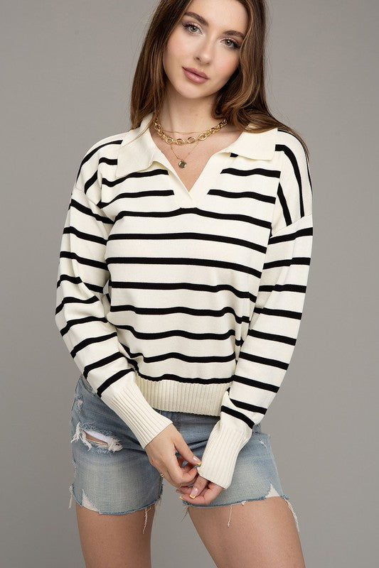 Stripe Collared Knit Top