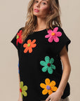 BiBi Flower Round Neck Cap Sleeve Knit Top