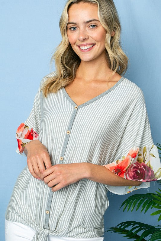 e Luna Striped Floral Mixed Ruffle Top