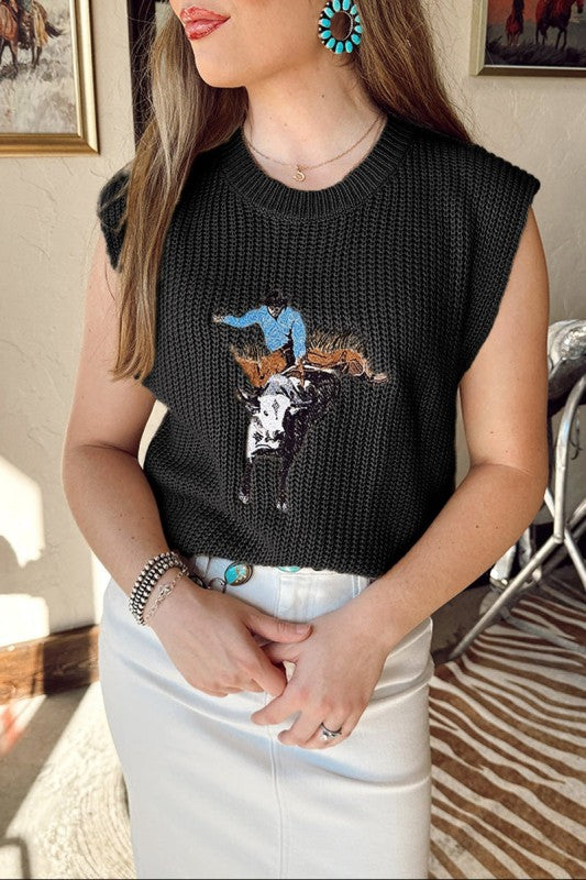 Western Cowboy Embroidered Sleeveless Sweater