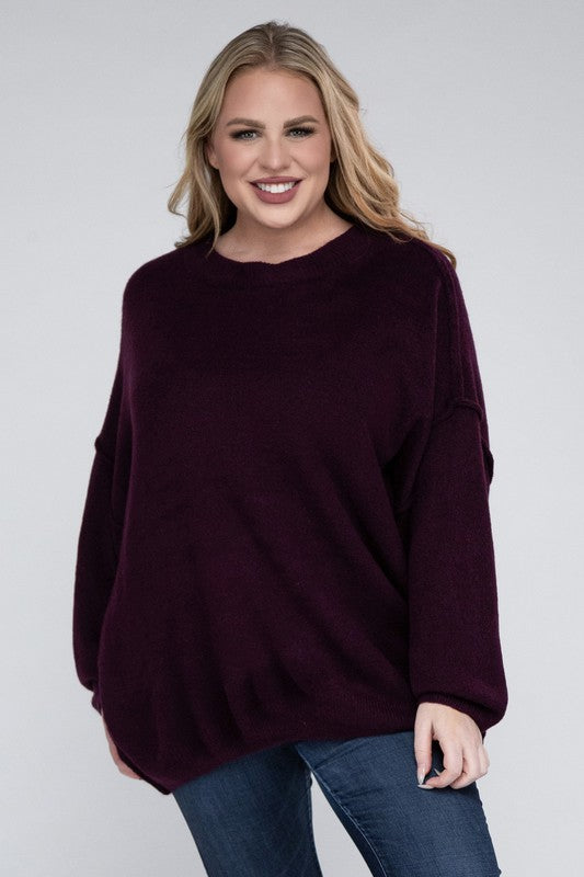 Zenana Plus Oversized Round Neck Raw Seam Melange Sweater