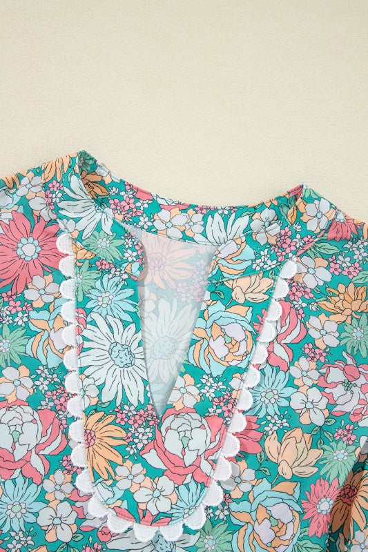 Floral Notched Neck Puff Short Sleeve Blouse