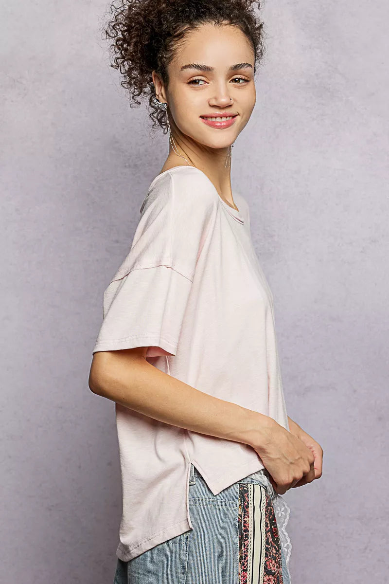 POL Round Neck Short Sleeve T-Shirt with High Low Hem