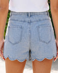Solid Denim Scalloped Trim High Waist Shorts