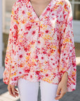 Women Pink Floral Bubble Sleeve V Neck Blouse