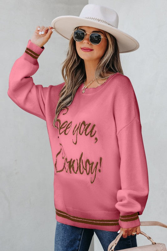 Western See You Cowboy Embroidered Cuff Sweater