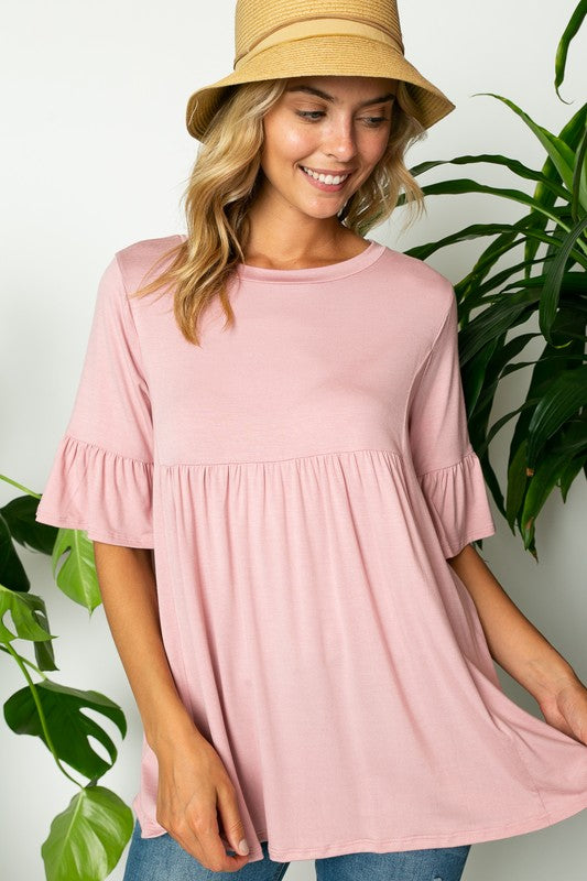 e Luna PLUS Solid Ruffled Sleeve Loose Top