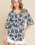 BOMBOM Floral Decorative Button V-Neck Top