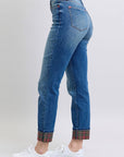 Judy Blue Full Size Plaid Print Cuff Straight Leg Jeans with Pockets