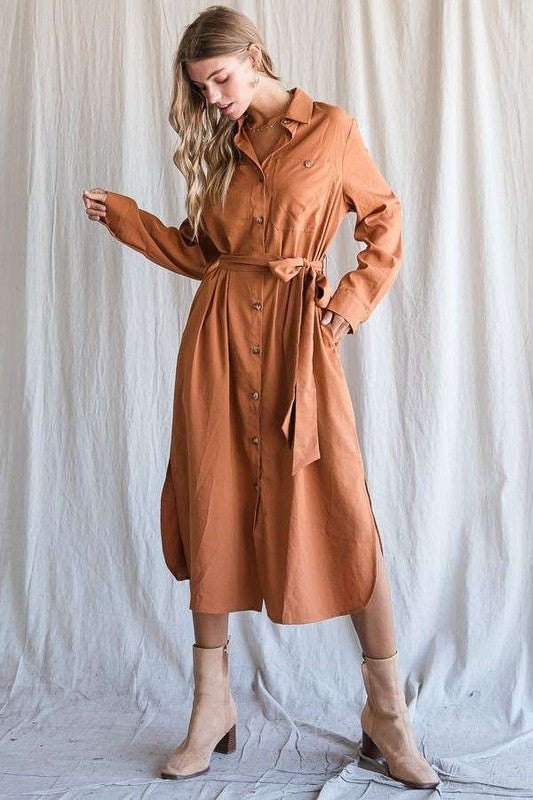 Jade by Jane Solid Button Down Belted Long Dress