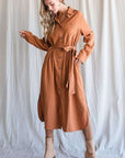 Jade by Jane Solid Button Down Belted Long Dress