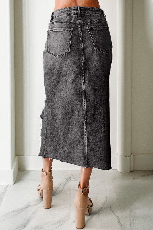 Denim Asymmetrical Distressed Midi Skirt
